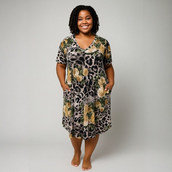 Plus Size Floral Leopard Print Midi Dress Lounge Casual Fall Coquette Softcore - Picture 4 of 9